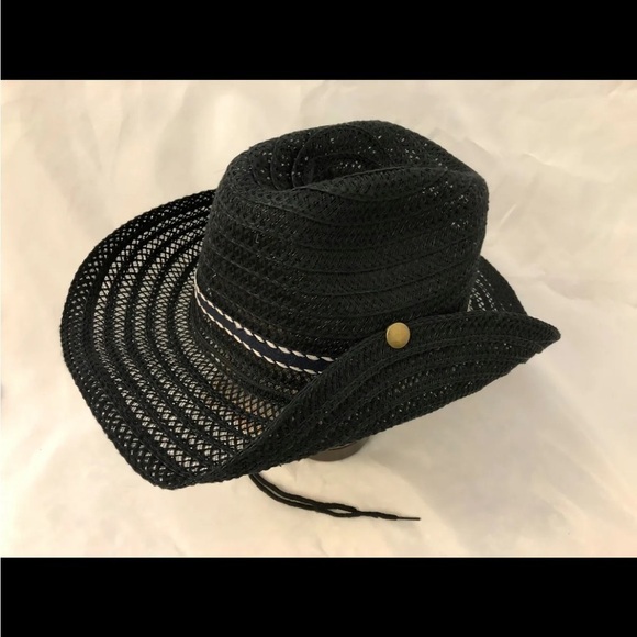 Stylish Button Up Side Size 23" Black Faux Straw Hat w/White Trim - Picture 1 of 8